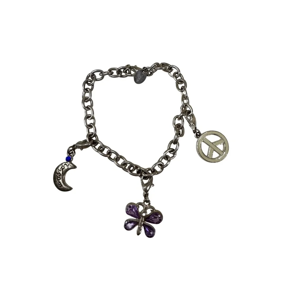 Claire's Silver Tone Charm Bracelet Moon Butterfly Peace Sign‎ Blue Bead Boho